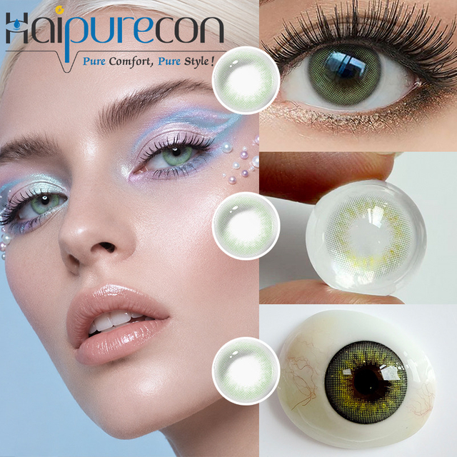 Haipurecon Catrii Olive አመታዊ የቀለም ዕውቂያ ሌንሶች 14.2ሚሜ የተፈጥሮ አረንጓዴ ውጤት 40% የውሃ ይዘት 8.6 ሚሜ ከክርስቶስ ልደት በፊት ISO 0197