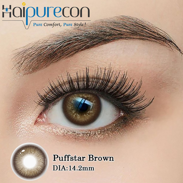 Haipurecon Puffstar Brown 14.2mm Natural Sparkle Contact Lenses 8.6mm BC ទឹក 40% ប្រចាំឆ្នាំ CE ISO រោងចក្រថែរក្សាសម្រស់ភ្នែក
