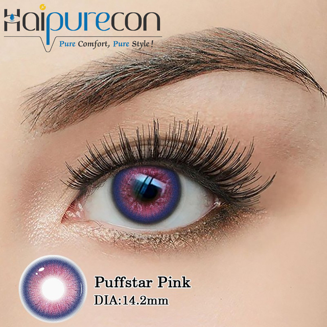Haipurecon Puffstar Pink Contact Lenses 14.2mm Sparkle Pink Contact Lenses 8.6mm BC ទឹក 40% ប្រចាំឆ្នាំ CE ISO Vibrant Eye Beauty Factory