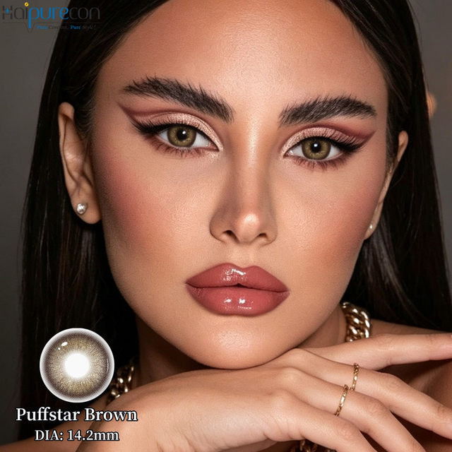 Haipurecon Puffstar Brown 14.2mm Natural Sparkle Contact Lenses 8.6mm BC ទឹក 40% ប្រចាំឆ្នាំ CE ISO រោងចក្រថែរក្សាសម្រស់ភ្នែក