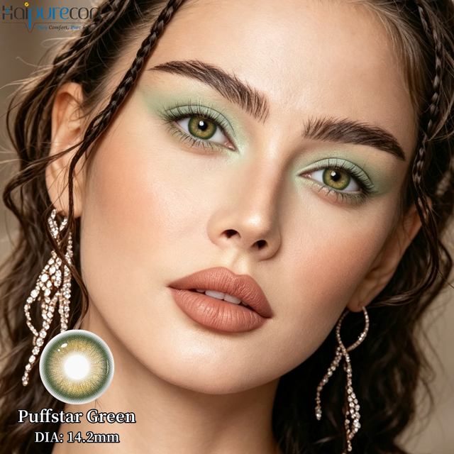 Haipurecon Puffstar Green 14.2mm Natural Sparkle Contact Lenses 8.6mm BC ទឹក 40% ប្រចាំឆ្នាំ CE ISO Fresh Eye Beauty Factory